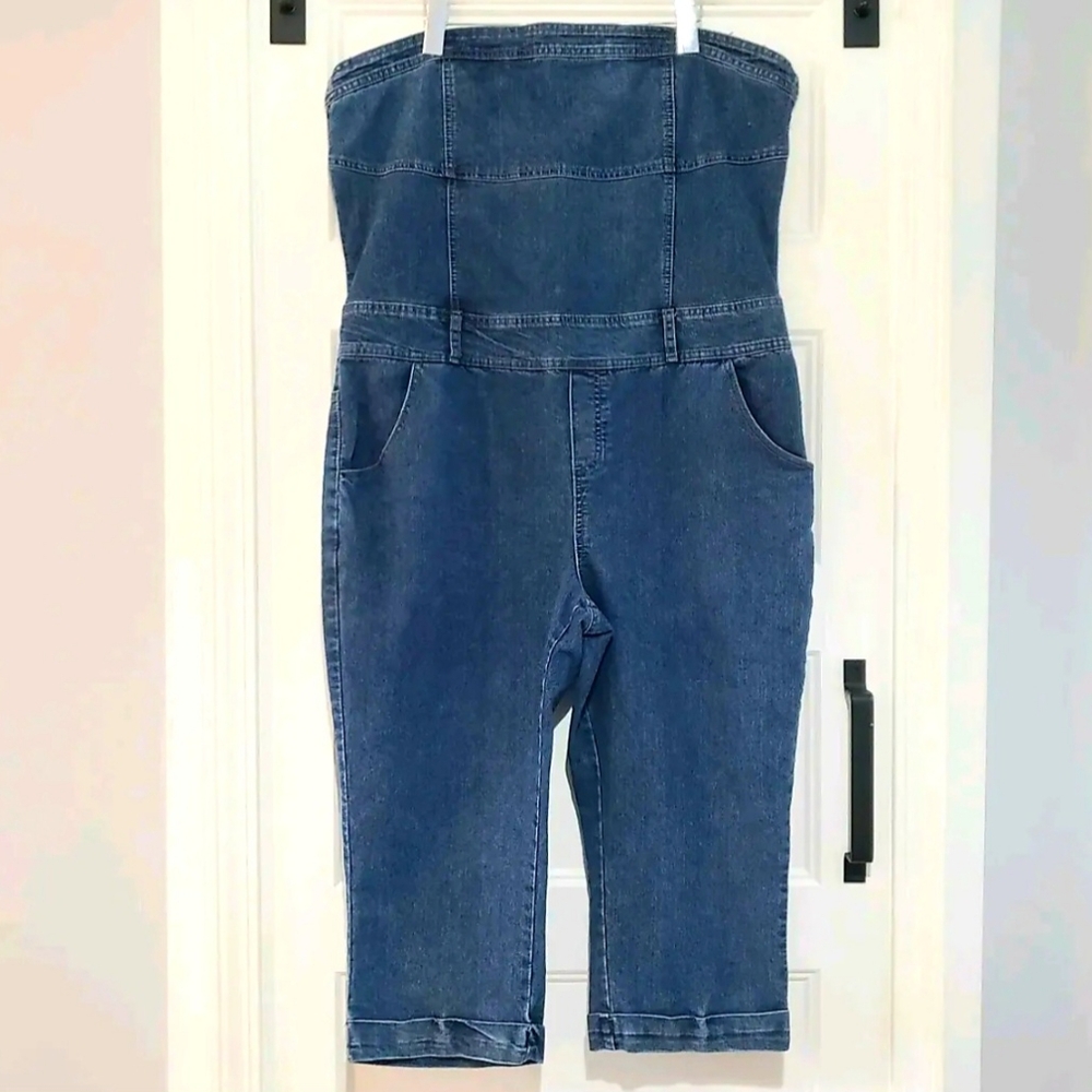 Nathalie B Womens 2X Strapless Cropped Denim Jumpsuit 2 Pocket Boho Y2k